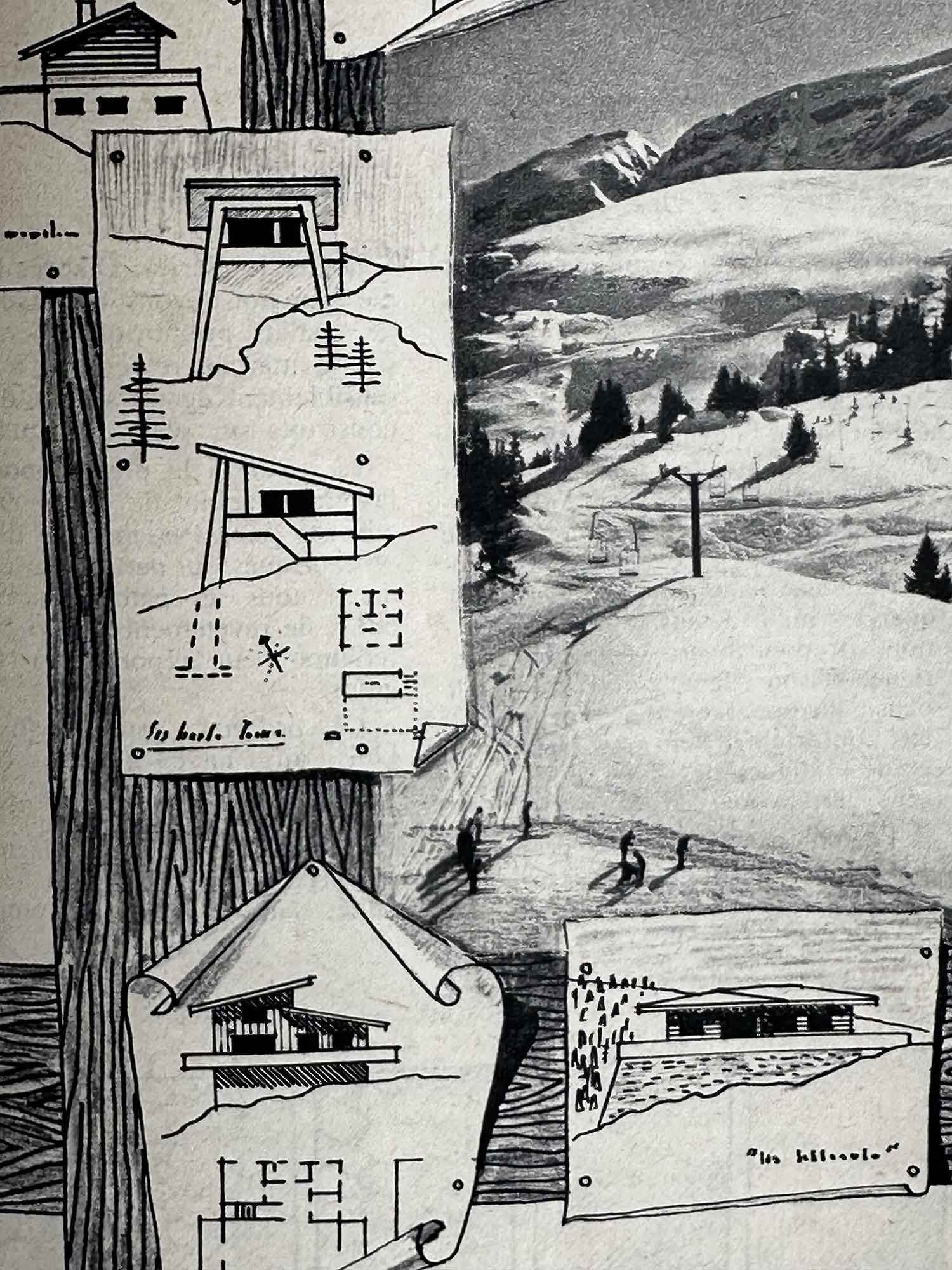 Détail 2 page vintage chalets de montagne 1967, magazine Ski Français — pièce unique collection Archives Haritz