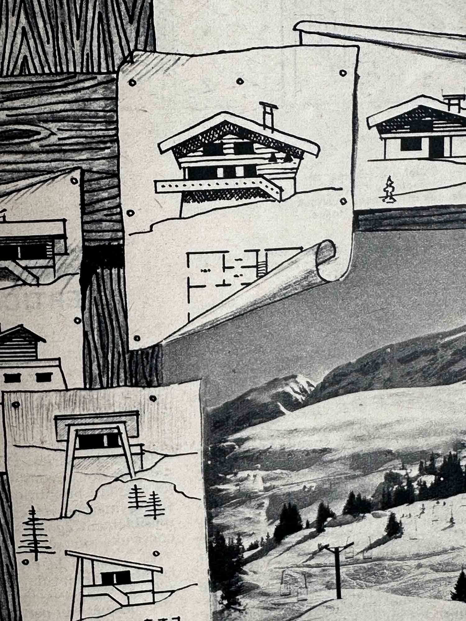 Détail 3 page vintage chalets de montagne 1967, magazine Ski Français — pièce unique collection Archives Haritz
