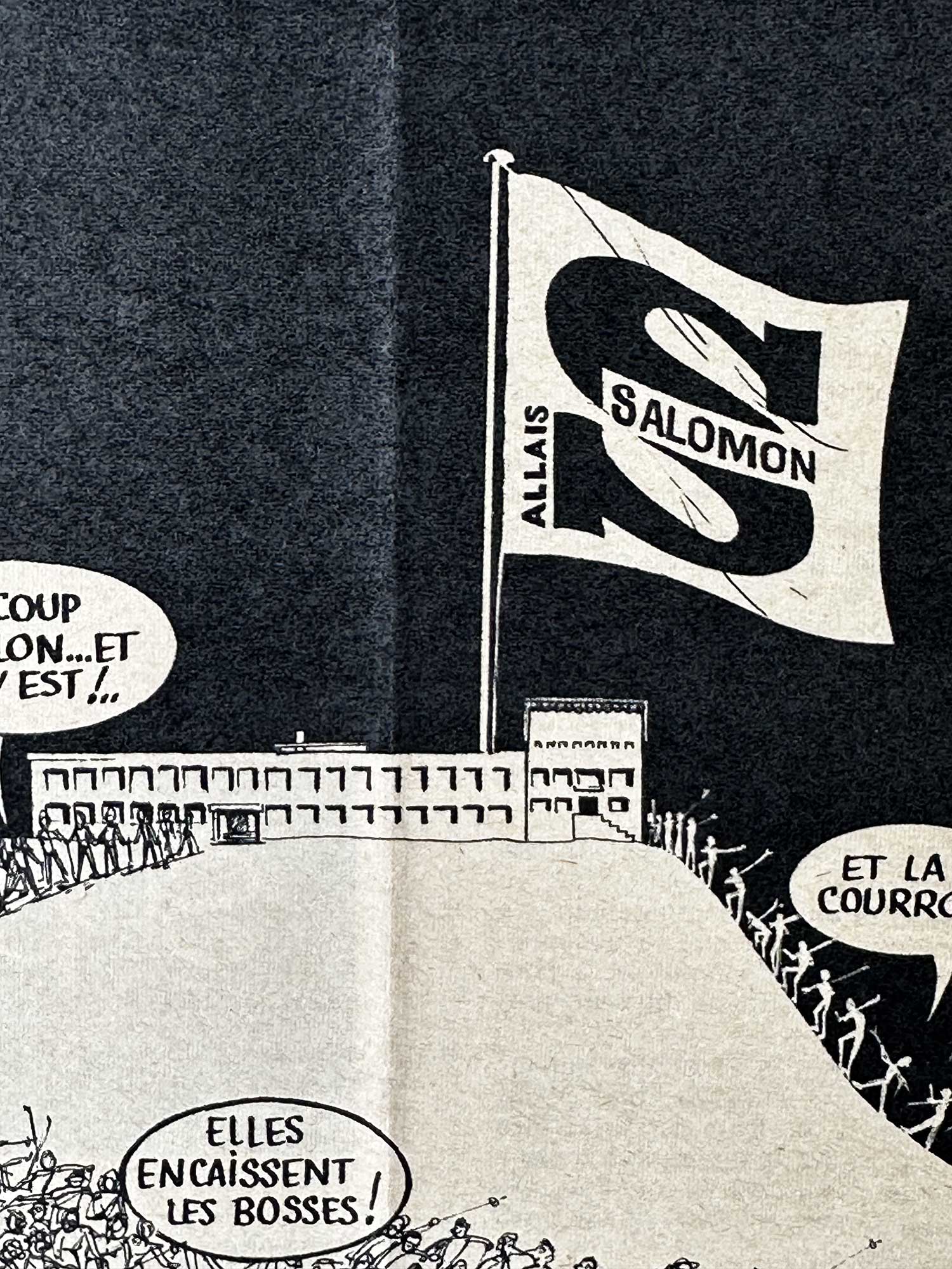 Détail affiche ski vintage Salomon logo fixations 1967, magazine Ski Français — pièce unique collection Archives Haritz