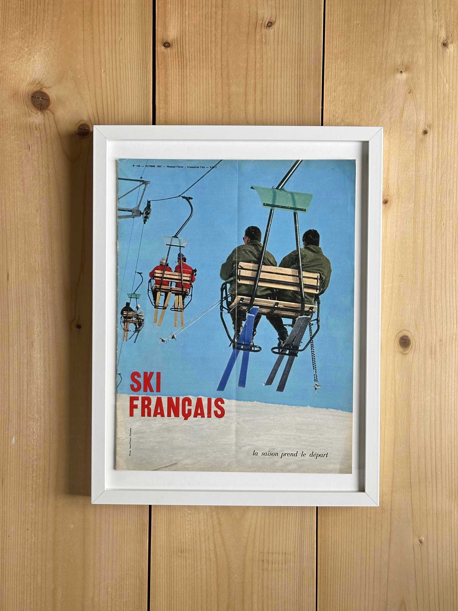 Affiche ski vintage originale 1967 extraite du magazine Ski Français, scène de télésiège. Collection Archives Haritz