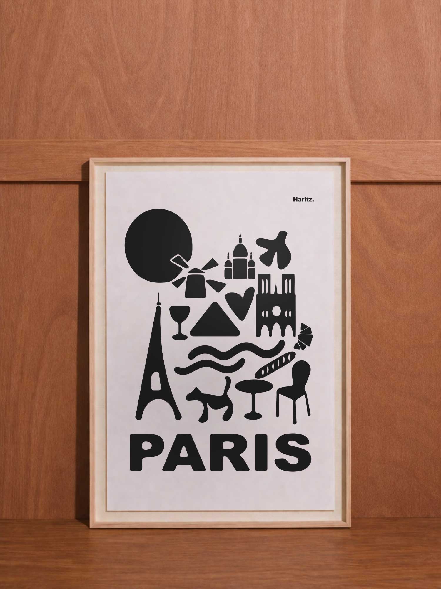 Affiche Paris de Haritz encadrée, version noir et blanc