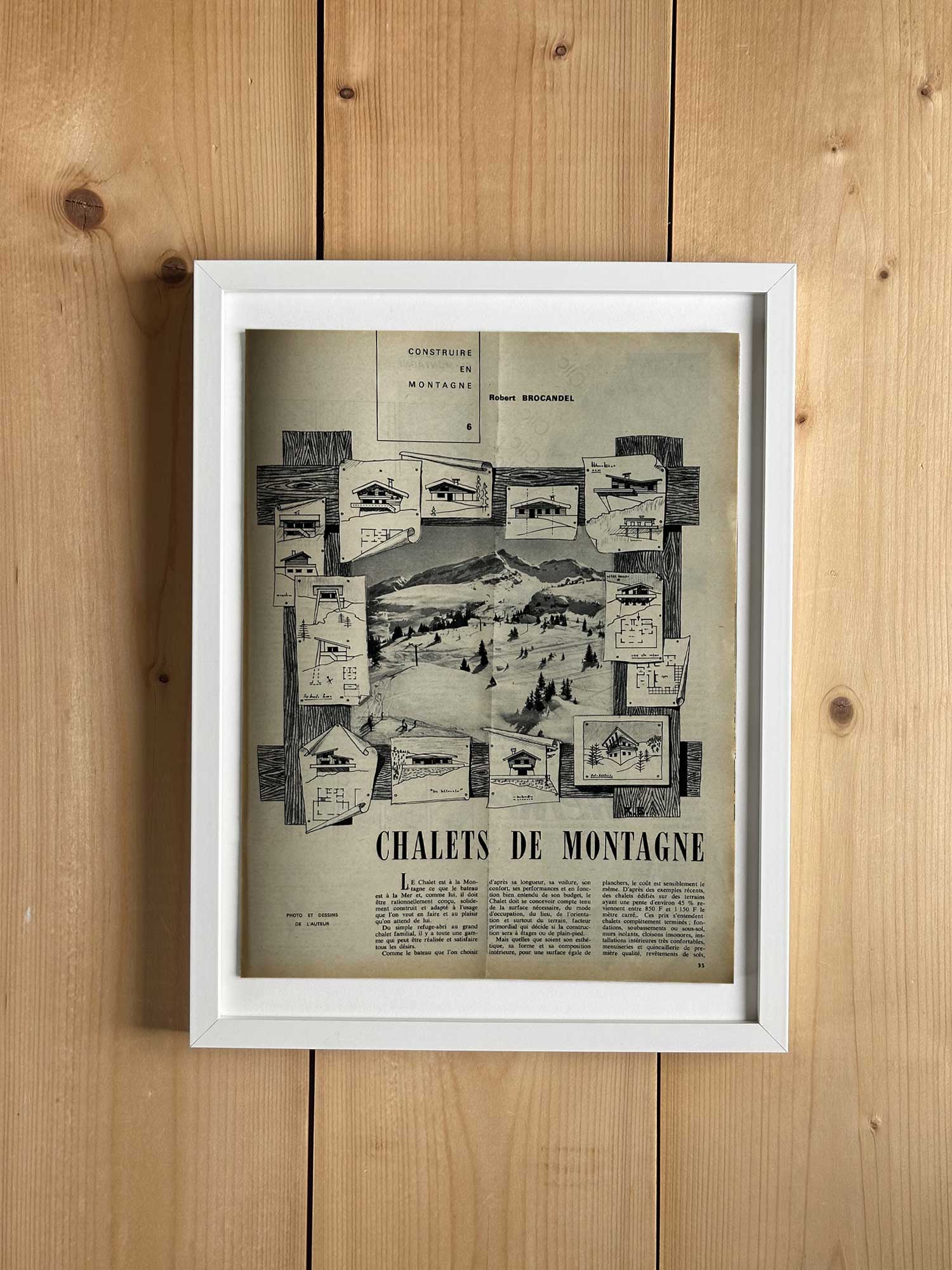 Page originale 1967 consacrée aux chalets de montagne, croquis architecturaux, extraite du magazine Ski Français — collection Archives Haritz