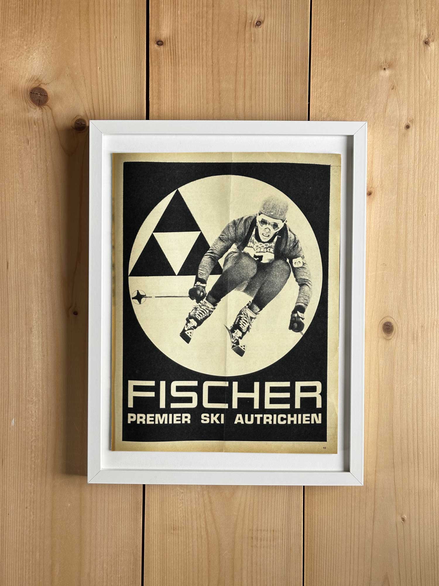 Affiche ski vintage originale 1965, publicité Fischer premier ski autrichien, extraite du magazine Ski Français — collection Archives Haritz