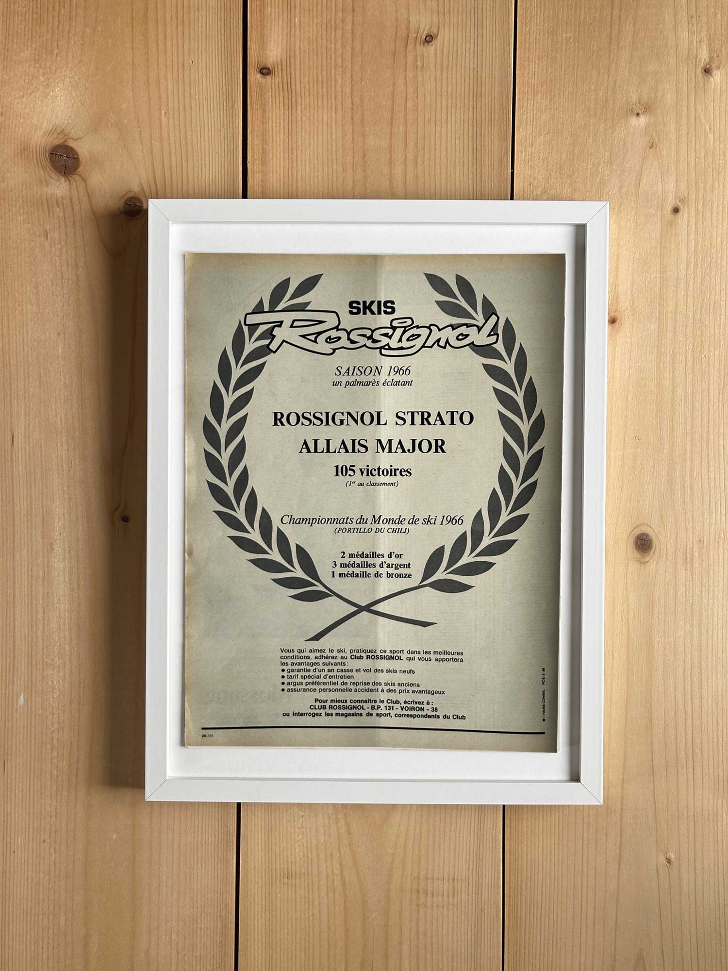 Affiche ski vintage originale 1966, publicité Rossignol Championnats du Monde, extraite du magazine Ski Français — collection Archives Haritz