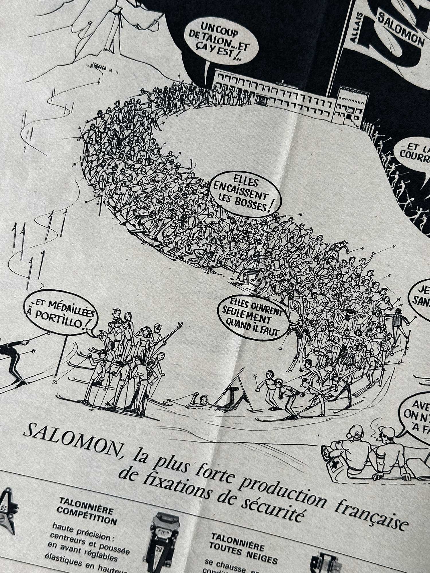 Détail affiche ski vintage Salomon fixations 1967, magazine Ski Français — pièce unique collection Archives Haritz