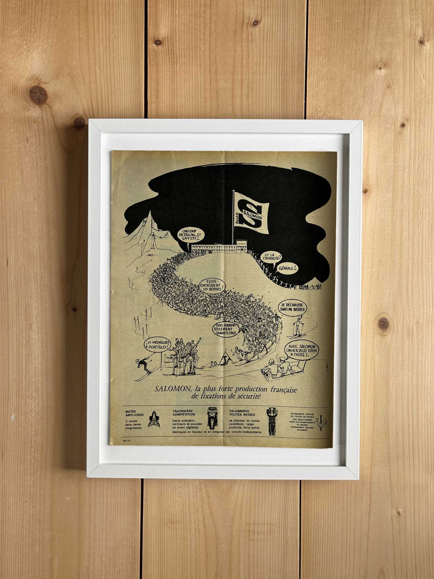 Affiche ski vintage originale 1967, publicité Salomon fixations de sécurité, extraite du magazine Ski Français — collection Archives Haritz