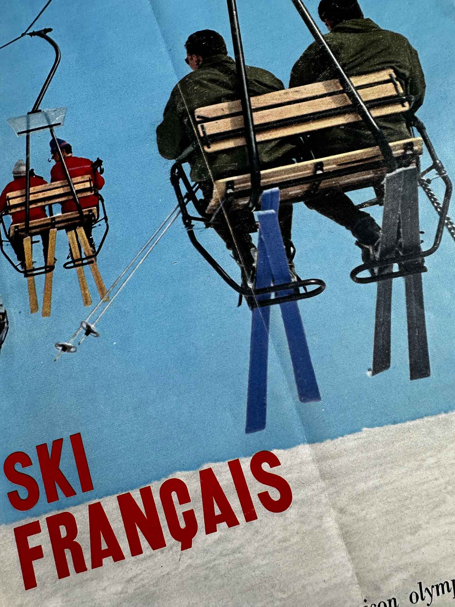 Détail affiche ski vintage télésiège 1967, magazine Ski Français. Pièce unique collection Archives Haritz