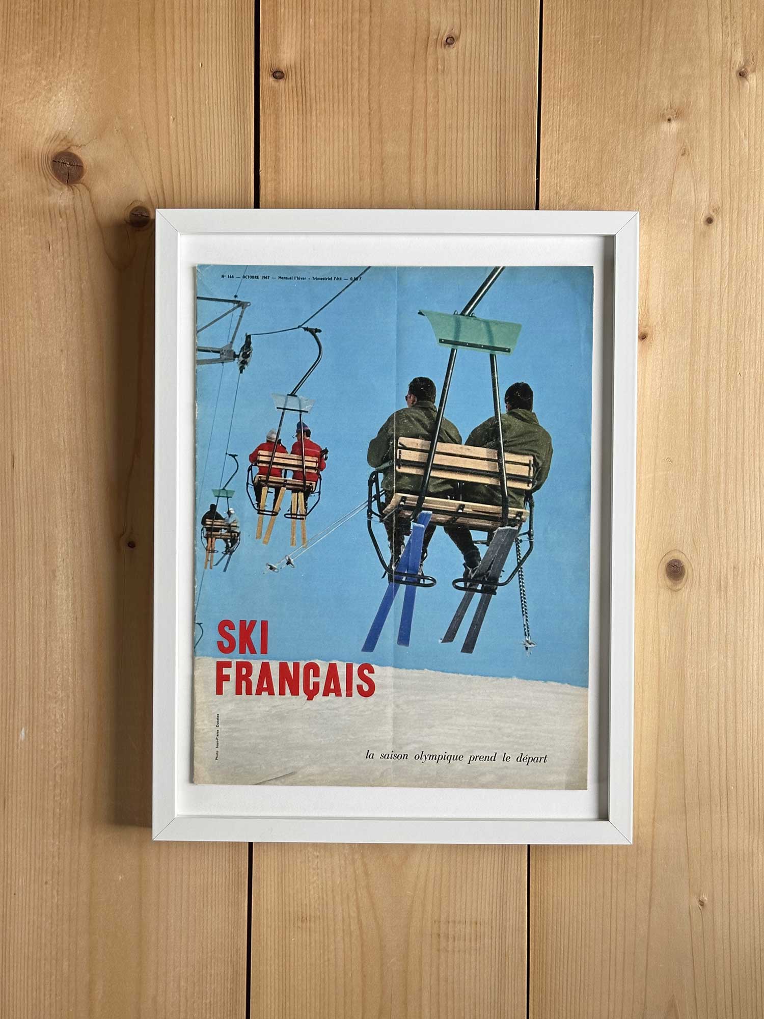 Affiche ski vintage originale 1967 extraite du magazine Ski Français, scène de télésiège. Collection Archives Haritz