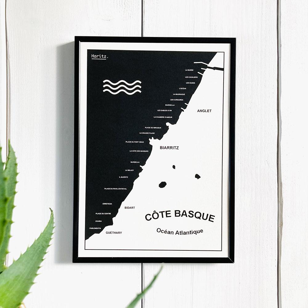 Affiche CÔTE BASQUE, carte littorale